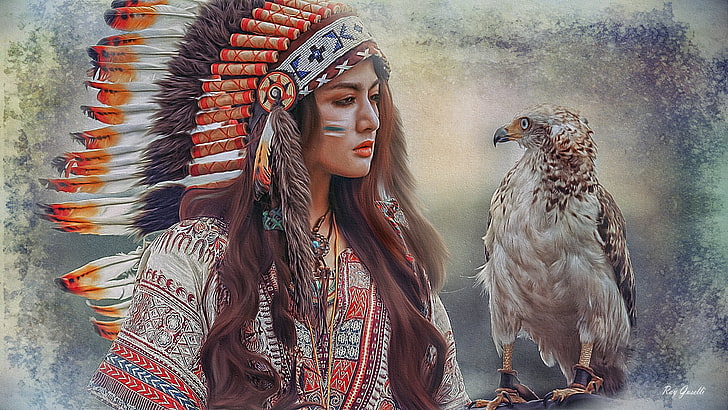 karya seni asli Amerika dan elang, burung, bulu, lukisan, gadis India, Wallpaper HD