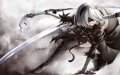 personaje de anime de espadachín de pelo gris y blanco, Nier: Automata, espada, katana, cabello blanco, 2B, NieR, 2B (Nier: Automata), muslos, Fondo de pantalla HD HD wallpaper