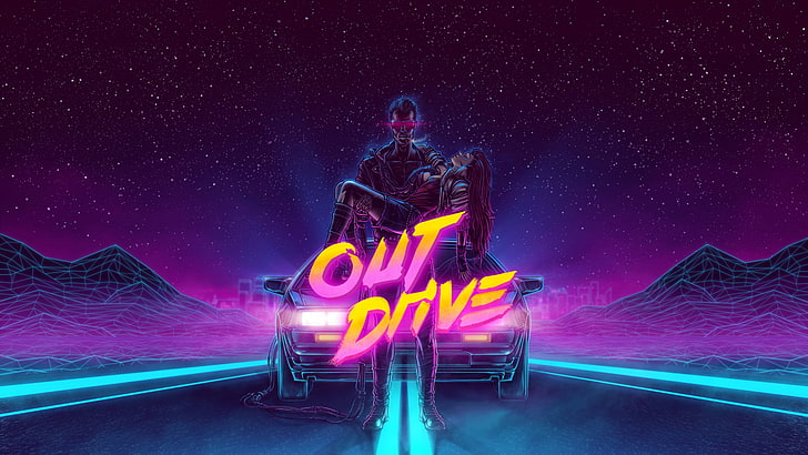 Out Drive fond d'écran, oeuvre d'art, art numérique, science-fiction, années 1980, DeLorean, voiture, OutRun, Fond d'écran HD