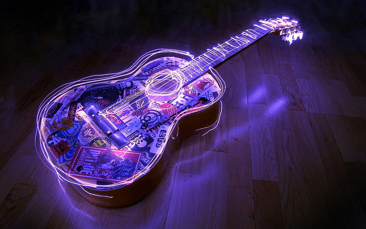 gitar akustik kapal perang hitam dan biru, gitar, neon, alat musik, Wallpaper HD