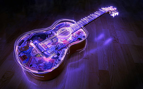 black and blue dreadnought acoustic guitar, guitar, neon, musical instrument, HD wallpaper HD wallpaper