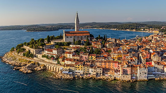 Gamla Stan, Rovinj, Croatia, city, cityscape, sea, building, architecture, tower, church, HD wallpaper HD wallpaper