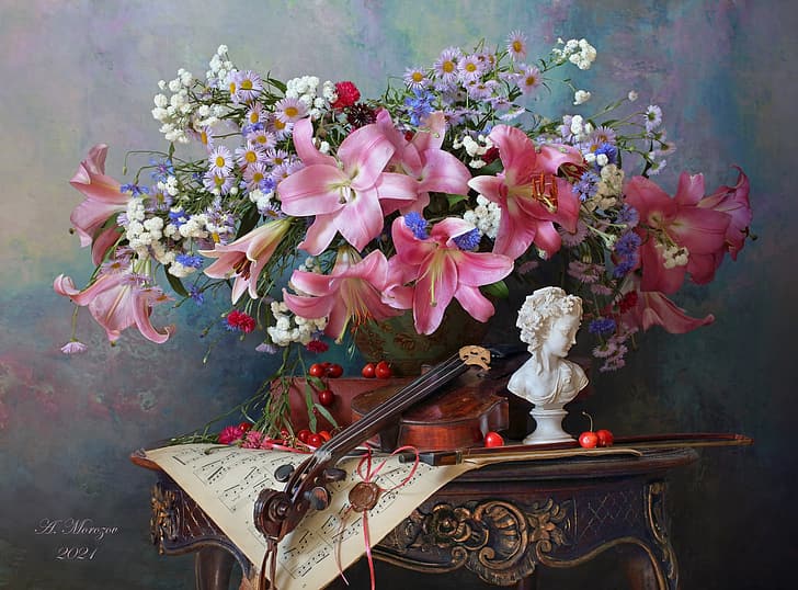 flowers, style, berries, notes, violin, Lily, bouquet, figurine, still life, cherry, cornflowers, Andrey Morozov, HD wallpaper