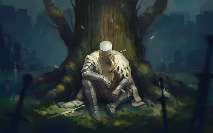 gray character, Dark Souls, video games, sword, trees, wounds, knight, fantasy art, HD wallpaper