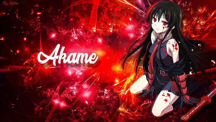 Akame, Akame ga Kill !, blod, katana, röda ögon, svart hår, HD tapet