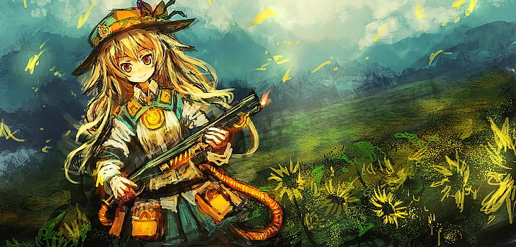 Originalfiguren, Anime Girls, Mädchen mit Gewehren, Sonnenblumen, Feld, THE-LM7, HD-Hintergrundbild