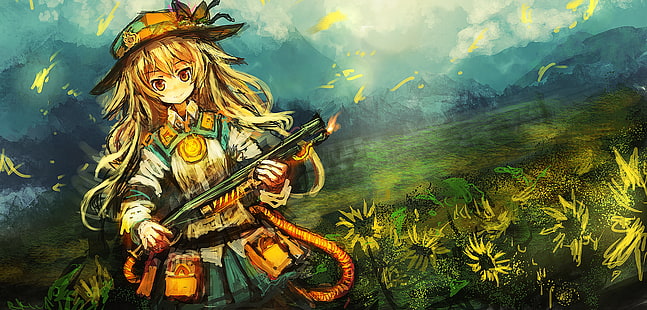 oryginalne postacie, anime dziewczyny, dziewczyny z bronią, słoneczniki, pole, THE-LM7, Tapety HD HD wallpaper