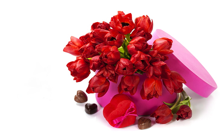 bouquet of red tulips, love, flowers, tulips, valentine's day, red tulips, HD wallpaper