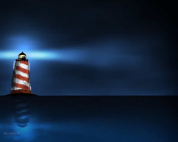 vladstudio lighthouse sea reflection artwork, HD wallpaper