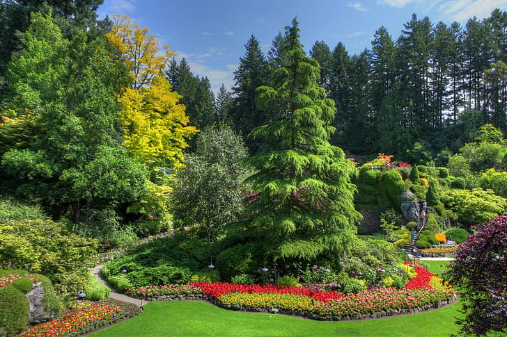 Canada, Butchart Gardens, Victoria, green and brown tree, Canada, trees, flowers, garden, shrubs, lawn, carpet, herbs, stone, stairs, flower beds, Victoria, Butchart Gardens, HD wallpaper