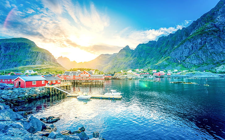Norveç, Lofoten, göl, dağlar, geçit, gündoğumu, kasaba, evler, iskele, tekne, kırmızı ve gri ev, Norveç, Lofoten, Göl, Dağlar, Gorge, Sunrise, Kasaba, Evler, Pier, Tekne, HD masaüstü duvar kağıdı