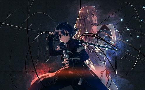 Sword Art Online Кирито и Асуна, Sword Art Online, аниме, фан-арт, Юки Асуна, Киригая Казуто, HD обои HD wallpaper