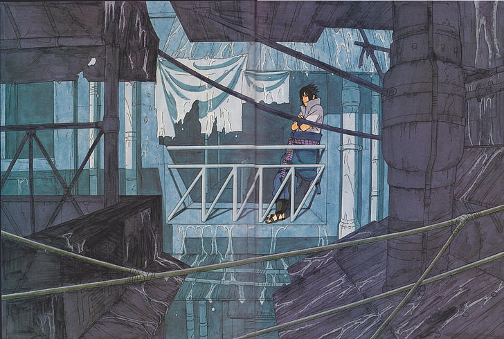 흰색과 파란색 나무 캐비닛, 나루토 Shippuuden, Kishimoto Masashi, Uzumaki 나루토, Uchiha Sasuke, 삽화, 일러스트, HD 배경 화면