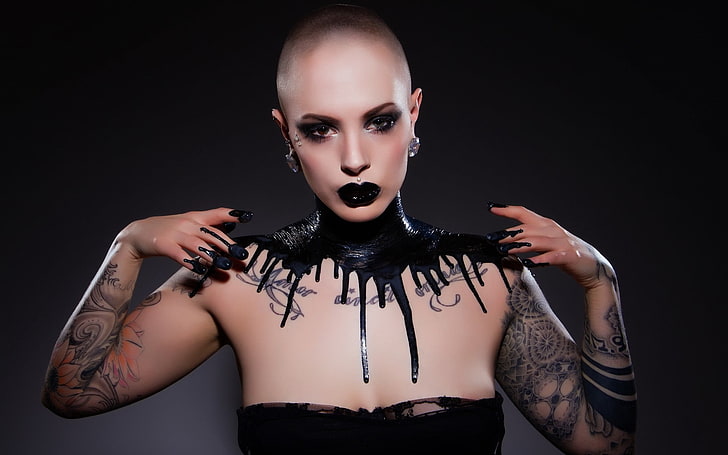 women, model, Gothic, spooky, shaved head, tattoo, bald, HD wallpaper