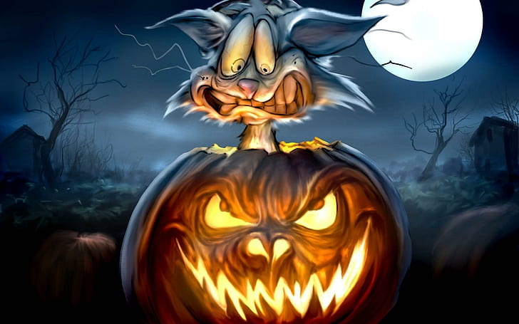 Cat Pumpkin Night Moon Horror Monster, funny, pumpkin, night, moon, horror, monster, HD wallpaper