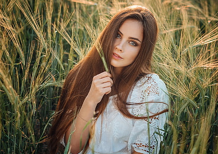 women, model, wheat, brunette, women outdoors, Evgeny Freyer, plants, HD wallpaper HD wallpaper