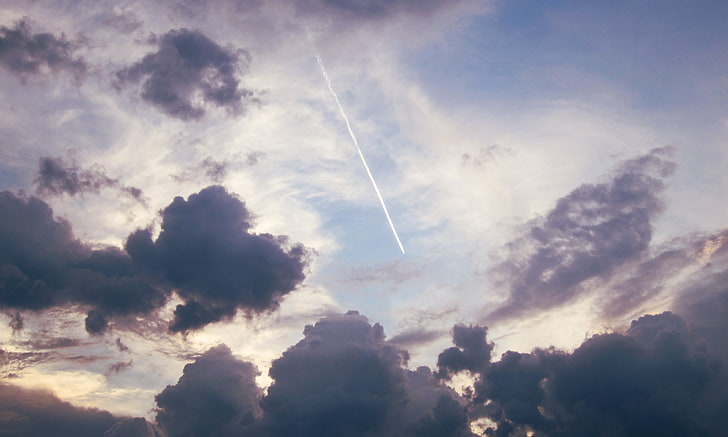 white and gray cloudy sky, sky, airplane, clouds, aircraft, contrails, HD wallpaper