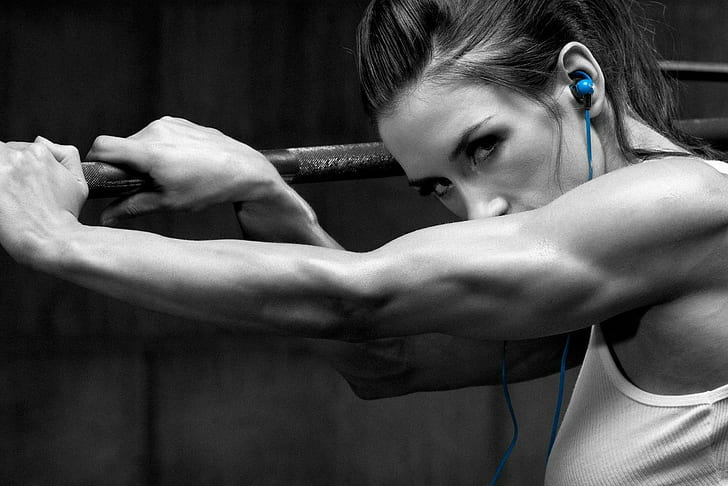 barbell, selective coloring, face, skinny, fitness model, sport, Pauline Nordin, women, looking at viewer, blue, sports, HD wallpaper
