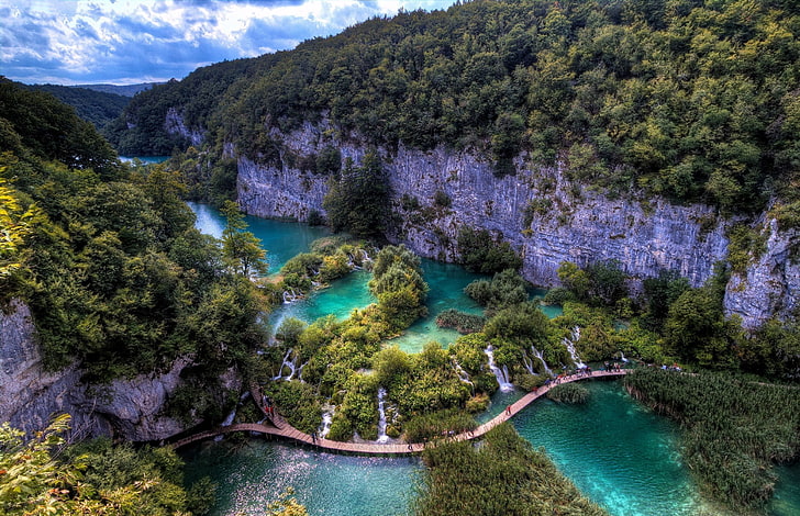 grönt och brunt träd kamouflage textil, natur, landskap, träd, bro, Plitvice National Park, Plitvice Lakes National Park, Kroatien, flod, klippa, Europa, HD tapet