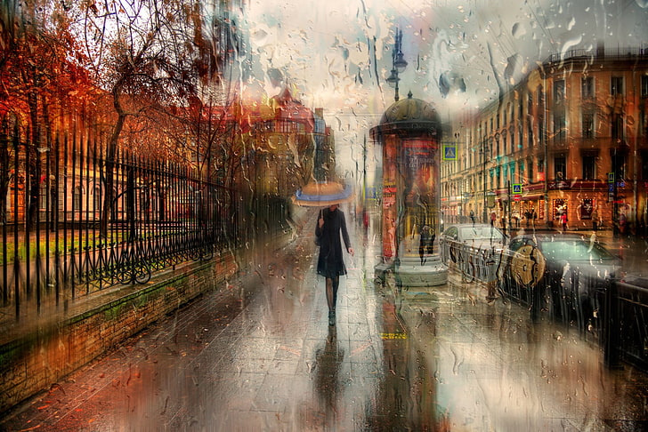 person holding umbrella walking beside the road painting, autumn, girl, drops, the city, rain, umbrella, walk, Russia, St. Petersburg, HD wallpaper