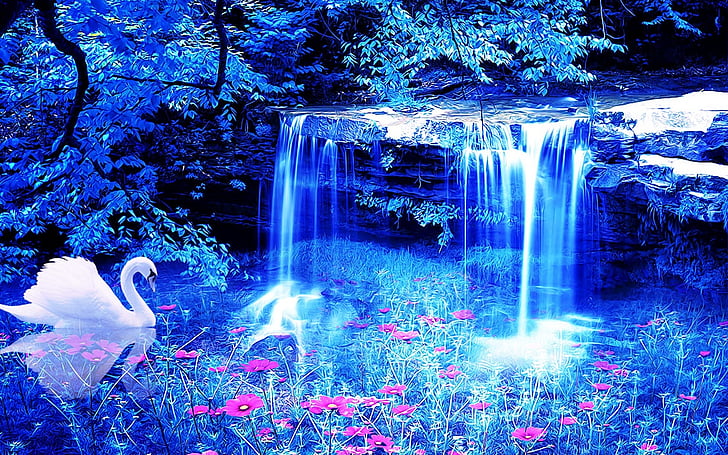 цветы, лебедь, водопад, HD обои