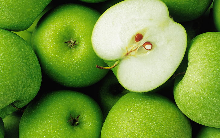 การถ่ายภาพระยะใกล้แอปเปิ้ลเขียวผลไม้แอปเปิ้ลเขียวจำนวนมากสีเขียวแอปเปิ้ลผลไม้การถ่ายภาพ, วอลล์เปเปอร์ HD