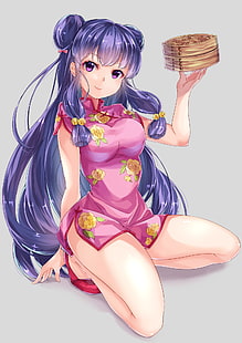 アニメ、アニメの女の子、長い髪、紫髪、紫目、チャイナドレス、シャンプー（らんま1/2）、チャイナドレス、 HDデスクトップの壁紙 HD wallpaper