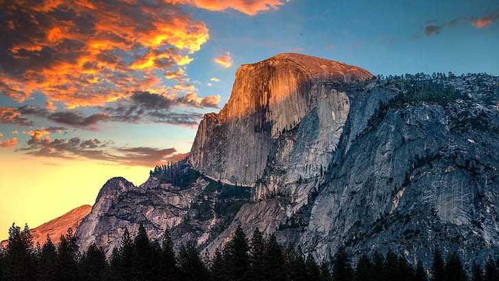natura, montagne, scogliera, roccia, tramonto, parco nazionale di Yosemite, cielo arancione, California, Sfondo HD