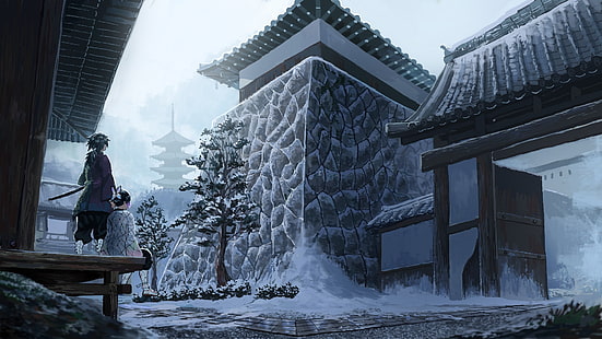 дигитално изкуство, произведения на изкуството, аниме, сняг, Kimetsu no Yaiba, Kochou Shinobu, Giyu Tomioka (Kimetsu no Yaiba), HD тапет HD wallpaper