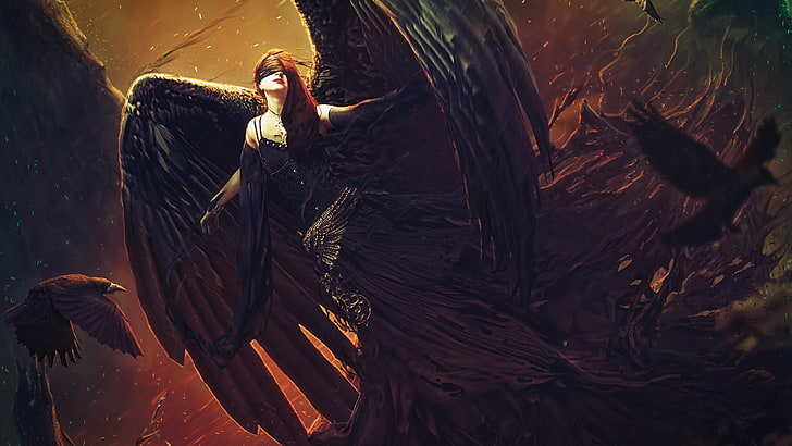 kobieta z czarnymi skrzydłami cyfrowa tapeta, anioł, fantasy art, grafika, fan art, science fiction, grafika koncepcyjna, długie włosy, cień, rudowłosa, kruk, czarny, sukienka, Tapety HD