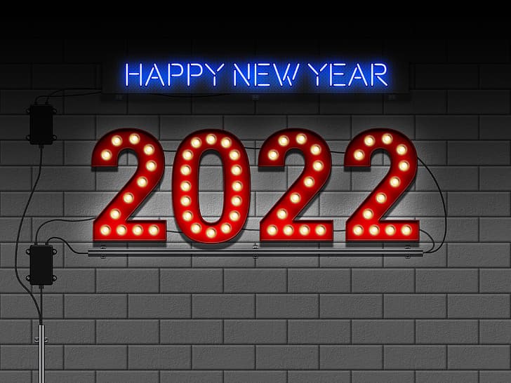 Happy New Year, bulb lights, neon sign, 2022 (Year), HD wallpaper