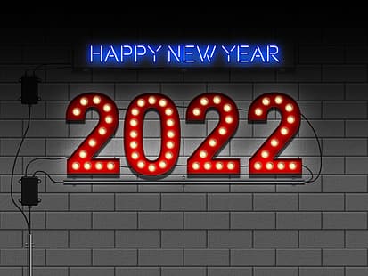Feliz Ano Novo, lâmpadas, letreiro de néon, 2022 (ano), HD papel de parede HD wallpaper