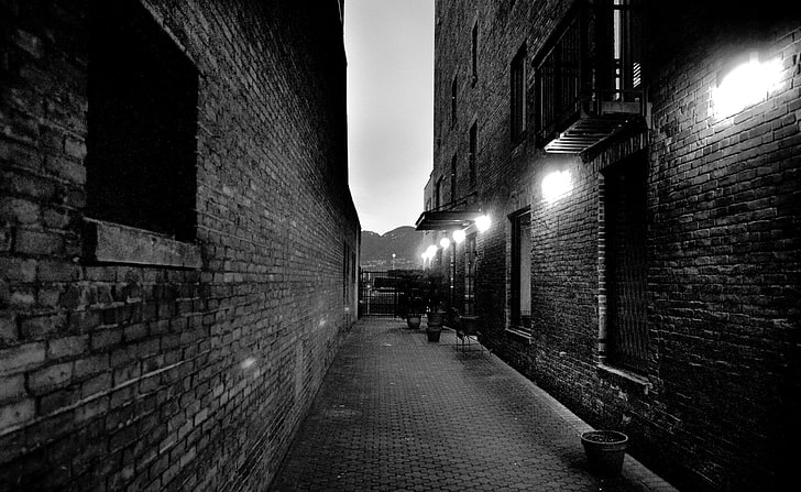 Behind The Scenes, grayscale photo of concrete alley, Black and White, Behind, Vintage, Buildings, Scenes, bw, HD wallpaper