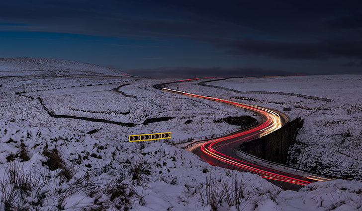 Landschaft, Straße, Winter, Verkehr, Langzeitbelichtung, Lichtspuren, HD-Hintergrundbild