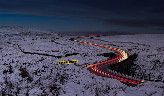 paisaje, camino, invierno, tráfico, larga exposición, senderos de luz, Fondo de pantalla HD HD wallpaper