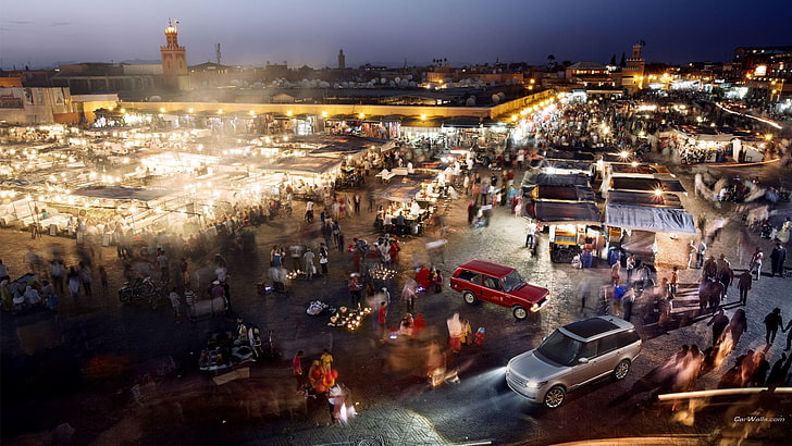 Kaaba Mecca, Range Rover, Marrakech, Maroc, rue, paysage urbain, longue exposition, lumières, foules, place de la ville, voiture, véhicule, Fond d'écran HD