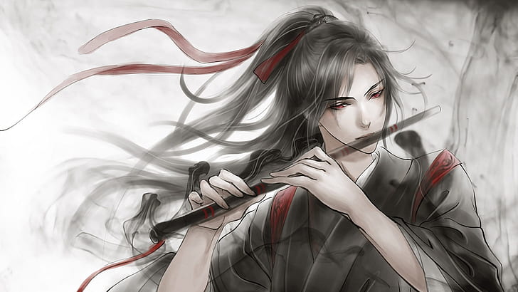 grey background, flute, red eyes, long hair, red ribbon, black magic, Chinese clothing, Mo Dao Zu Shi, Master evil cult, Wei From Xian, HD wallpaper