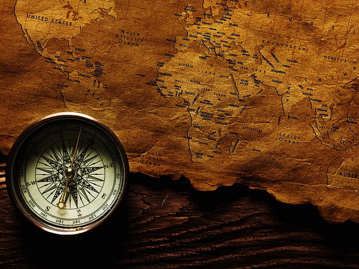 silver compass and brown map, compass, map, shadow, HD wallpaper