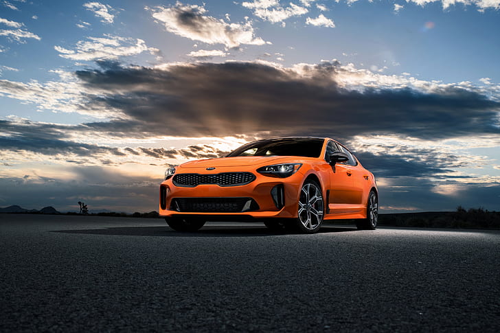 clouds, orange, Kia, GTS, the five-door, Stinger, 2020, fastback, HD wallpaper
