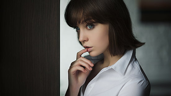 women, Olya Pushkina, white shirt, face, Sergey Fat, finger on lips, blue eyes, portrait, HD wallpaper HD wallpaper