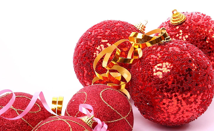 boules de Noël rouges, décorations de Noël, ballons, rouge, paillettes, ruban, Fond d'écran HD