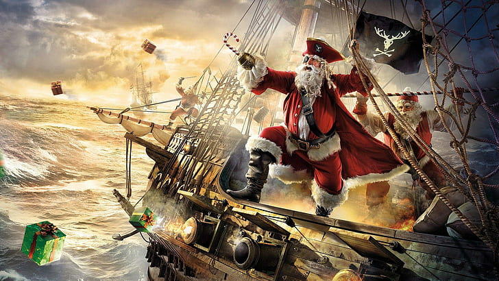 Pirate Santa, père Noël pirate, vacances, 1920x1080, père Noël, Noël, bateau, pirate, joyeux Noël, Fond d'écran HD