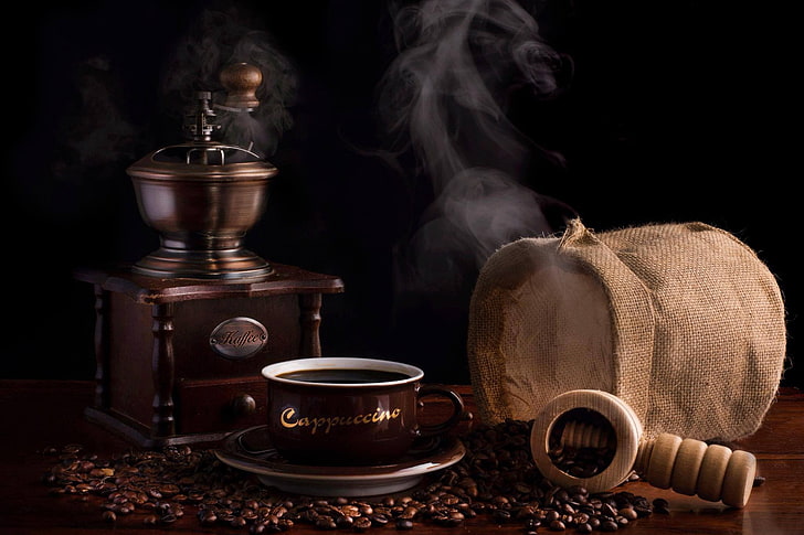 coffee, coffee beans, aroma, pouch, coffee grinder, HD wallpaper