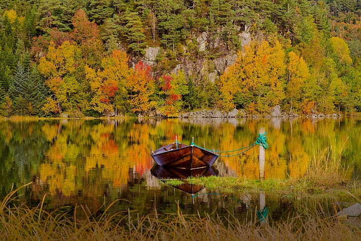 autumn, forest, grass, landscape, nature, lake, reflection, boat, mountain, Norway, HD wallpaper