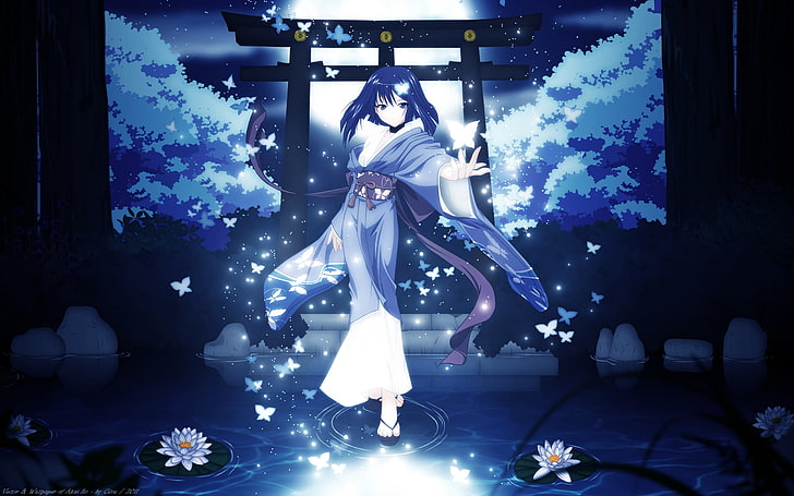 ilustração de mulher azul e branca, menina, árvores, borboleta, noite, natureza, a lua, arte, quimono, cilou, hatou yumei, akai ito, HD papel de parede