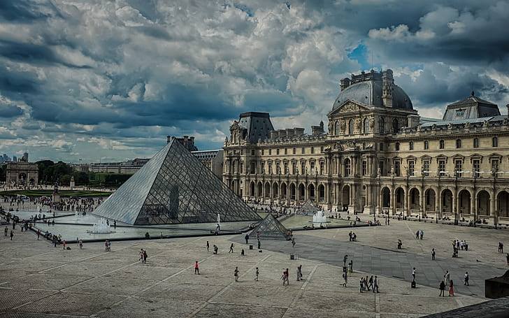Лувр Лувр Пирамида Здания Облака Париж HD, облака, здания, архитектура, Париж, пирамида, Лувр, HD обои
