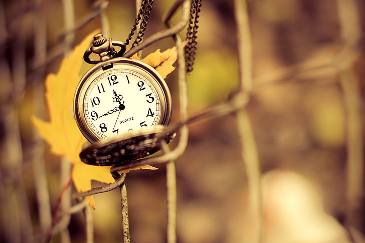 round silver-colored analog pocket watch, autumn, macro, yellow, nature, time, sheet, mesh, arrows, watch, fence, dial, suspension, HD wallpaper