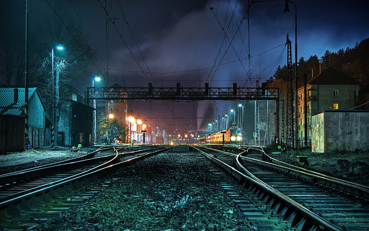ночные огни поезда железнодорожные пути транспортные средства железные дороги 2560x1600 Техника Транспорт HD Искусство, ночь, огни, HD обои