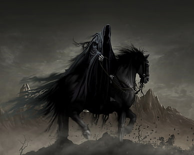 черная лошадь иллюстрация, лошадь, фэнтези, призрак, всадник, HD обои HD wallpaper