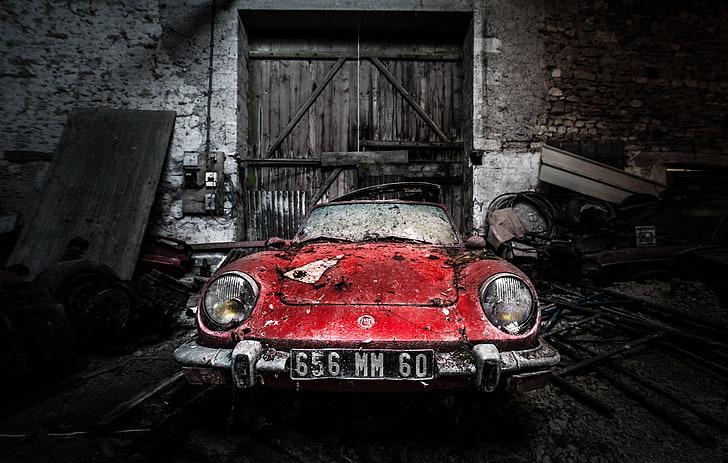 car, old, vehicle, red cars, wreck, red, old car, HD wallpaper